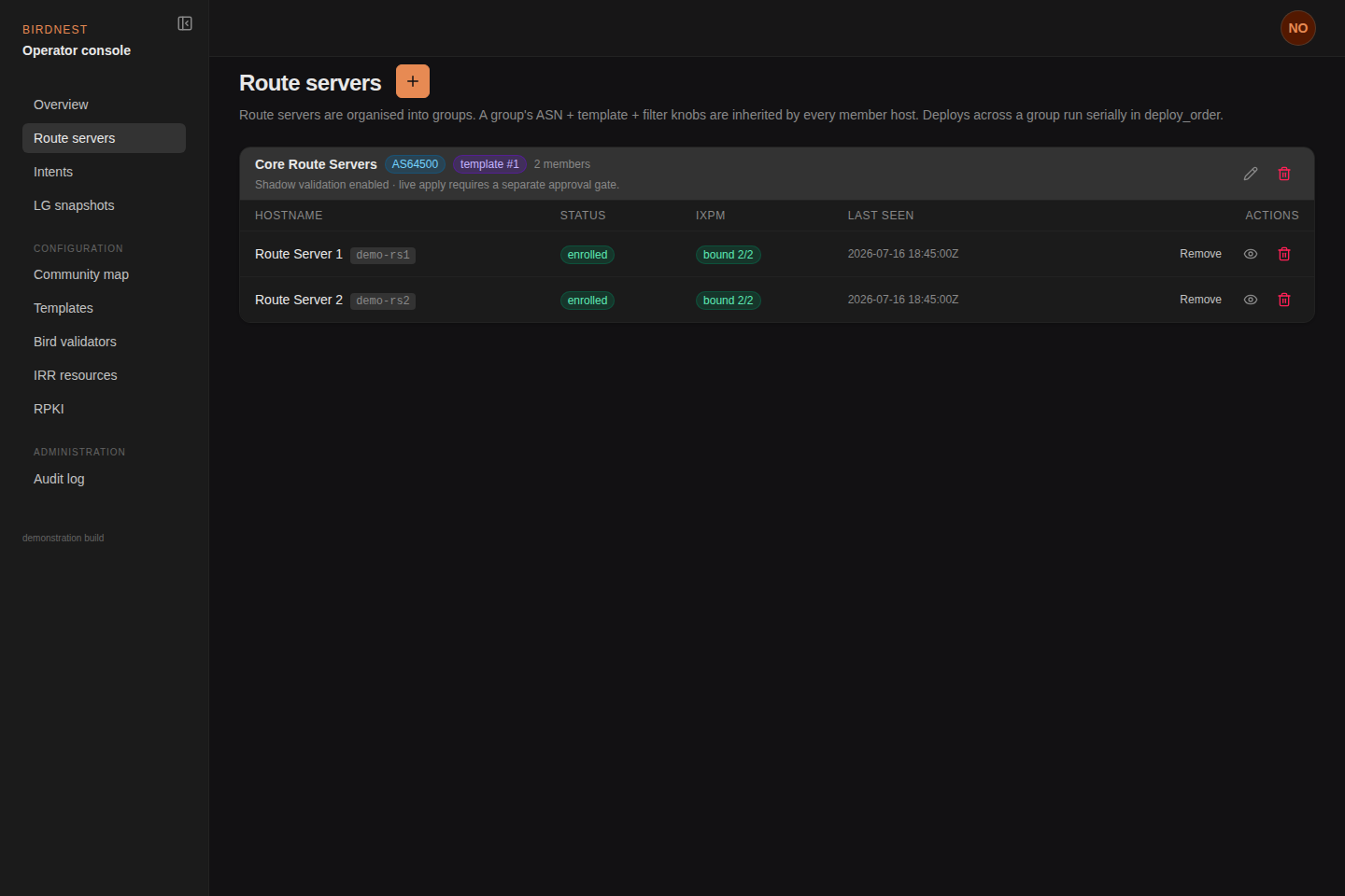 Sanitized Birdnest route-server operator console